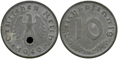 Германия 10 рейхспфеннигов 1940 G KM 101 цинк 4132-145