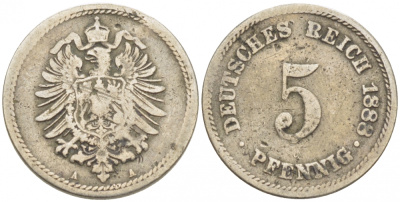 ГЕРМАНИЯ 5 ПФЕННИГОВ 1888 A, СТАРОГЕРБОВКА KM 3, J. 3 медно-никель 3718-144