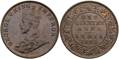 Британская Индия 1/4 анна 1936 Георг V (1910-1936) KM 512 бронза UNC 94-232