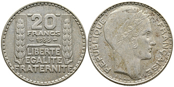 Франция 20 франков 1933 Пьер Тюрен KM 879, Le Franc 400.3 серебро 4386-415