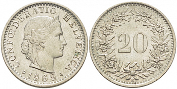 Швейцария 20 раппенов 1969 KM 29а медно-никель 4519-1047
