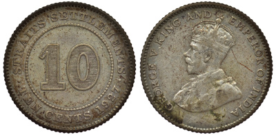 Стрейтс-Сетлментс 10 центов 1927 Георг V (1910-1936) КМ 29b серебро 53-631