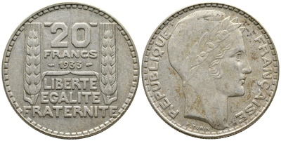 Франция 20 франков 1933 Пьер Тюрен KM 879, Le Franc 400.3 серебро 4386-415