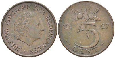 НИДЕРЛАНДЫ 5 ЦЕНТОВ 1967 ЮЛИАНА (1948-1980) KM 181 бронза 213-1047