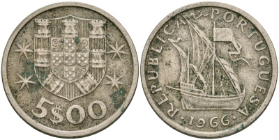 Португалия 5 эскудо 1966 парусник KM 591 медно-никель 4364-1356