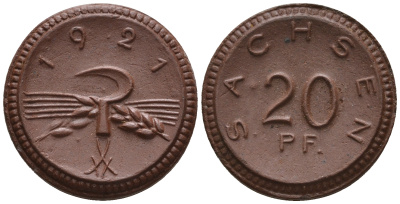 Саксония 20 пфеннигов 1921 колосья и серп J. N 53 фарфор UNC 1094-9-23