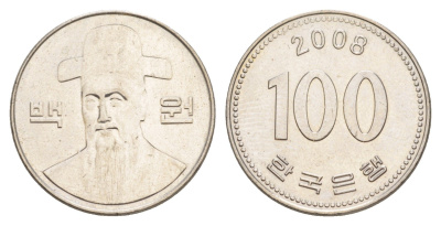 Южная Корея 100 вон 2008 Ли-Сунсин, корейский флотоводец KM 35 медно-никель UNC 4648-1154