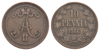 Россия для Финляндии 10 пенни 1866 Александр II (1855-1881) Биткин 652 медь 633-921
