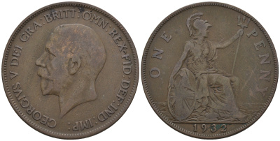 Великобритания 1 пенни 1932 Георг V (1910-1936) КМ 838, Spink 4055 бронза 4607-1224