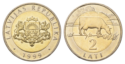 Латвия 2 лата 1999 корова KM 38 биметалл UNC 23-135