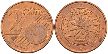 Австрия 2 евроцента 2008 KM 3083 сталь плакированная медью 4543-146