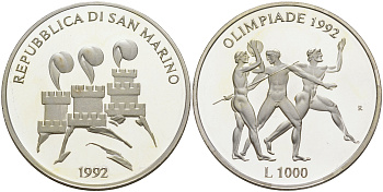 Сан-Марино 1000 лир 1992 XXV летние Олимпийские игры в Барселоне 1992 года, легкая атлетика KM 277 серебро PROOF 1087-10-31