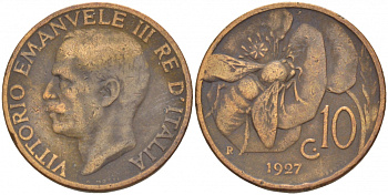 ИТАЛИЯ 10 ЧЕНТЕЗИМО 1927 R, ВИКТОР ИММАНУИЛ, ПЧЕЛА KM 60 медь 4544-1057