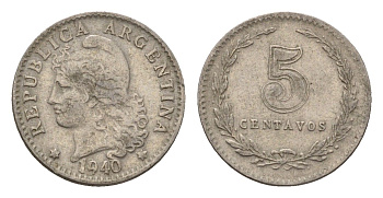 Аргентина 5 сентаво 1940 KM 34 медно-никель 4643-945