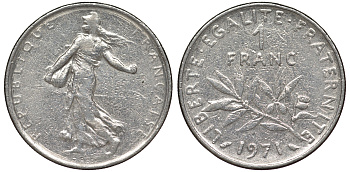 Франция 1 франк 1971 сеятель KM 925.1 никель 25-2355