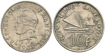 Французская Новая Каледония 10 франков 2008 рыбачья парусная лодка, (IEOM) KM 11a, Schoen 13a, Lec 99k медно-никель 60-256