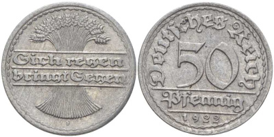 ГЕРМАНИЯ 50 ПФЕННИГОВ 1922 F KM 27, J. 301, Weege 10 алюминий 261-756