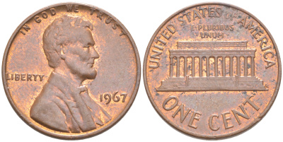 США 1 ЦЕНТ 1967 ЛИНКОЛЬН KM 201 медь цинк 187-634