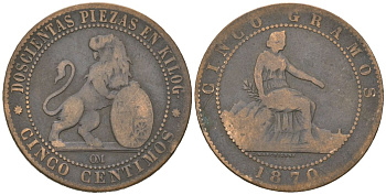 Испания 5 сентимо 1870 ОМ, лев со щитом KM 662 бронза 92-1014