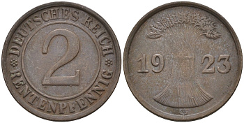 Германия 2 рентенпфеннига 1923 G, выпуск 1924 года KM 31, J.307, Weege 3 медь 4584-611