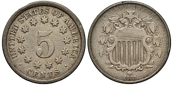 США 5 центов 1868 Щит Союза медно-никель 1522-522