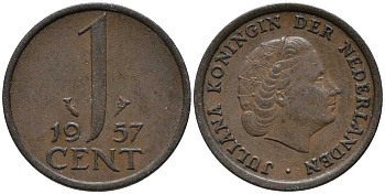 Нидерланды 1 цент 1957 Юлиана (1949-1980) KM 180 бронза 112-725