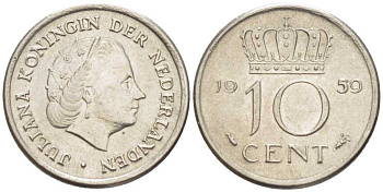 НИДЕРЛАНДЫ 10 ЦЕНТОВ 1959 ЮЛИАНА KM 182 никель 66-828