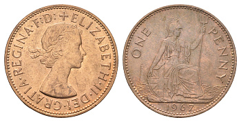 Великобритания 1 пенни 1967 Елизавета II (1952-2022) KM 897, Spink 4157 бронза UNC 4526-442