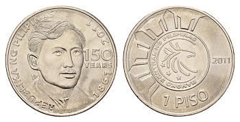 Филиппины 1 писо (песо) 2011 150 лет со дня рождения Хосе Ризала KM 284 сталь плакированный медно-никелем UNC 3336-1223