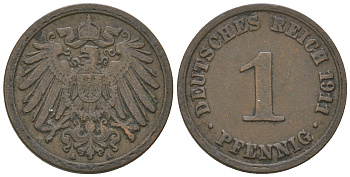 Германия 1 пфенниг 1911 A KM 10, J. 10, Weege 2 медь 4615-1259