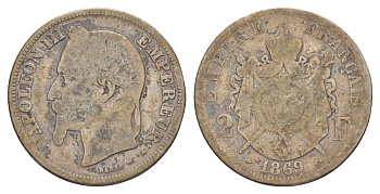 Франция 2 франка 1869 A, Наполеон III (1852-1870) KM 807.1 серебро 4657-1036