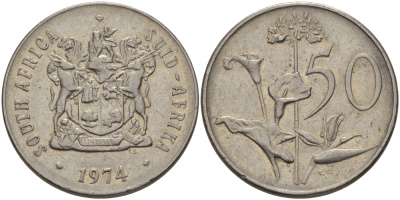 ЮАР 50 центов 1974 Зантедеския Эллиота (калла), герб KM 87 никель 32-1131