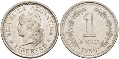 Аргентина 1 песо 1958 голова свободы влево KM 57 сталь плакированная никелем 4548-337