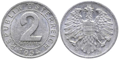 АВСТРИЯ 2 ГРОША 1954 KM 2876 алюминий 112-665