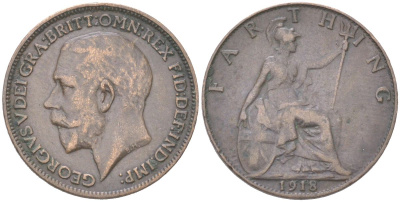 Великобритания 1 фартинг 1918 Георг V (1910-1936) KM 808.1, Spink 4059 бронза 4613-453