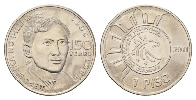 Филиппины 1 писо (песо) 2011 150 лет со дня рождения Хосе Ризала KM 284 сталь плакированный медно-никелем UNC 3336-1223