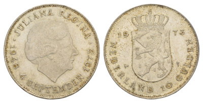 Нидерланды 10 гульденов 1973 25 лет правлению Королевы Юлианы KM 196 серебро 650-915