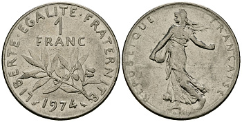 Франция 1 франк 1974 сеятель KM 925 никель 4135-842