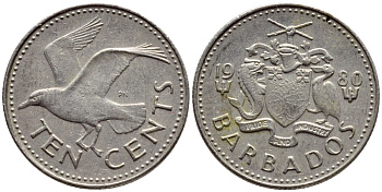 Барбадос 10 центов 1980 смеющаяся (Ацтекская) чайка KM 12 медно-никель 4396-1222