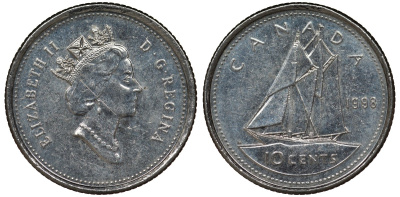 Канада 10 центов 1998 парусник, Елизавета II (1952-) KM 183 никель 4124-521