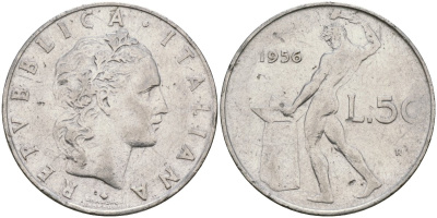 Италия 50 лир 1956 R, бог огня Вулкан у наковальни KM 95.1 нержавеющая сталь 4171-1016
