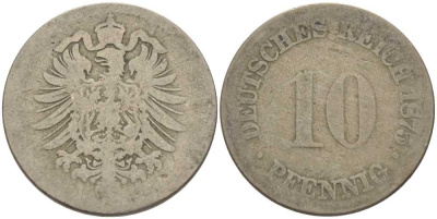 ГЕРМАНИЯ 10 ПФЕННИГОВ 1875 A, СТАРОГЕРБОВКА KM 4, J. 4, Weege 7 медно-никель 212-836