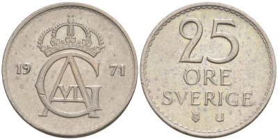 Швеция 25 эре 1971 Густав VI Адольф (1950-1973) KM 836 медно-никель UNC 187-841