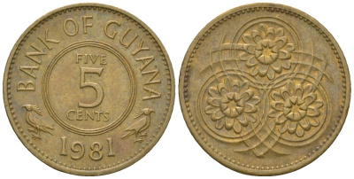 Гайана 5 центов 1981 KM 32 никель латунь 4124-551