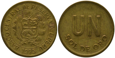 Перу 1 соль 1975 KM 266.1, Schon 66 латунь 4532-453