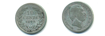 НИДЕРЛАНДЫ 10 ЦЕНТОВ 1890 KM 80 серебро 84-924