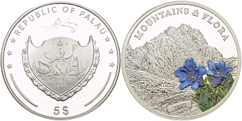 Палау 5 долларов 2009 горы и флора, Цугшпитце, 2962 метра, эмаль KM NEW серебро PROOF 1088-1-34