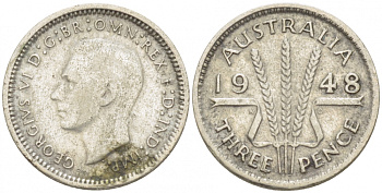 Австралия 3 пенса 1948 m, Георг VI (1937-1952), без букв KM 37a серебро 3955-438