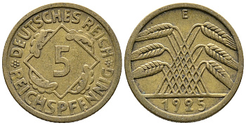 ГЕРМАНИЯ 5 РЕЙХСПФЕННИГОВ 1925 E KM 39, J. 316 алюминиевая бронза 39-557