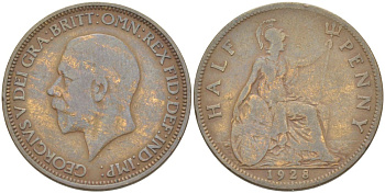 Великобритания 1/2 пенни 1928 Георг V (1910-1936) KM 837, Spink 4058 бронза 4513-422